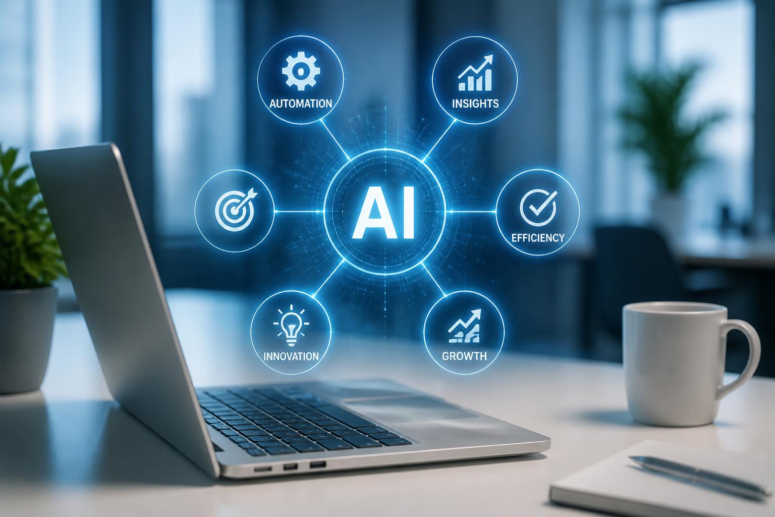 Laptop showing a glowing AI network connecting automation, insights, efficiency, growth, and innovation
